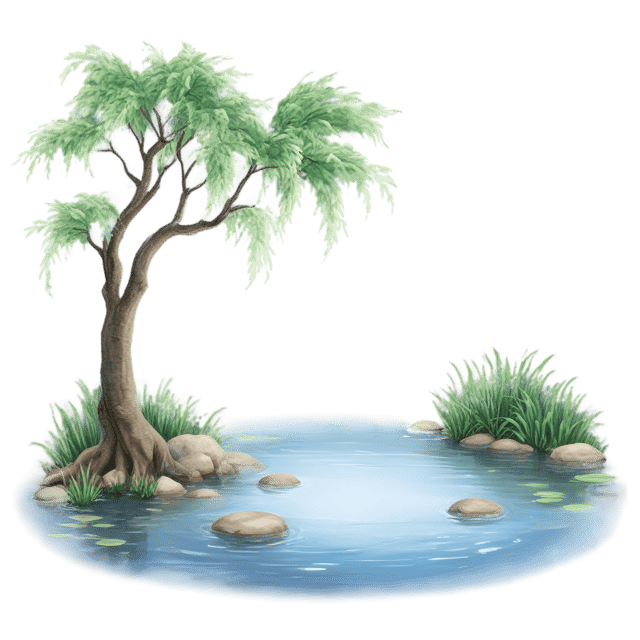Free transparent PNG: Tranquil Pond with Swaying Willow Branches PNG Background