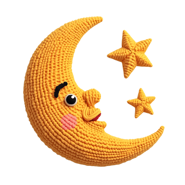 Free transparent PNG: Yarn-Crafted Crescent Moon and Stars PNG with Transparent Background for Artistic Projects