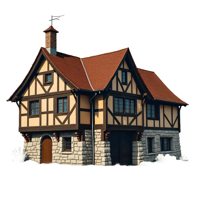 Free transparent PNG: Medieval Barn PNG with Stone Foundations and Sloped Roof for Historical and Agricultural Imagery