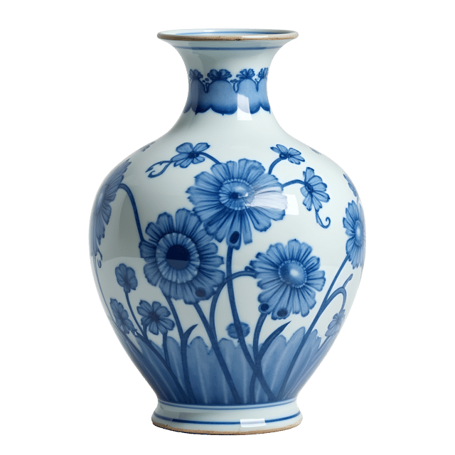 Free transparent PNG: Elegant Blue-and-White Porcelain Vase with Hand-Painted Floral Motifs and Subtle Glaze