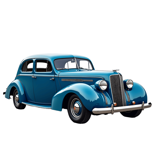 Free transparent PNG: 1940s Blue Sedan Art Deco Illustration with Vintage headlights on White Background