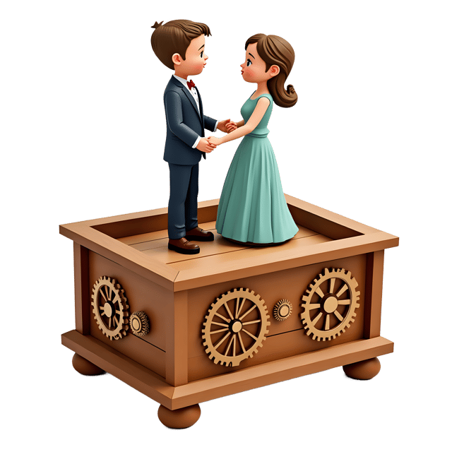 Free transparent PNG: Whimsical Wooden Music Box Dancing Couple Illustration with Delicate Gears