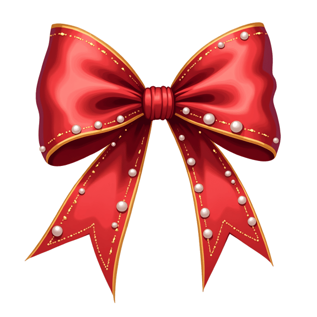 Free transparent PNG: Luxe Crimson Silk Ribbon Bow with Golden Accents and Pearls - Whimsical Cute Cartoon Watercolor Illustration