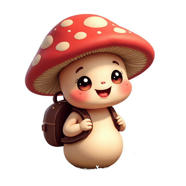 Free transparent PNG: Happy Little Mushroom with Tiny Backpack PNG Illustration for Nursery and Craft Projects