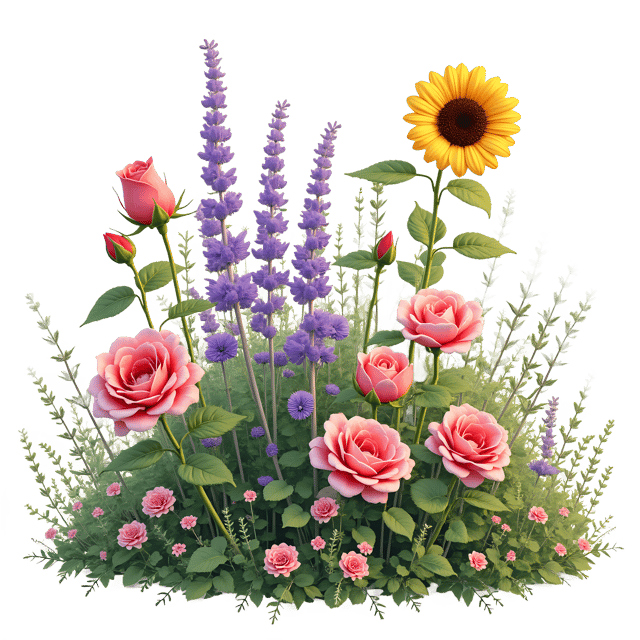 Free transparent PNG: Blooming Roses, Lavender, and Sunflowers Garden PNG for Botanical Art and Design
