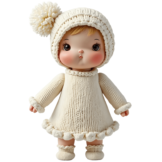 Free transparent PNG: Cute Knitted Doll PNG with White Dress and Delicate Lace Trim
