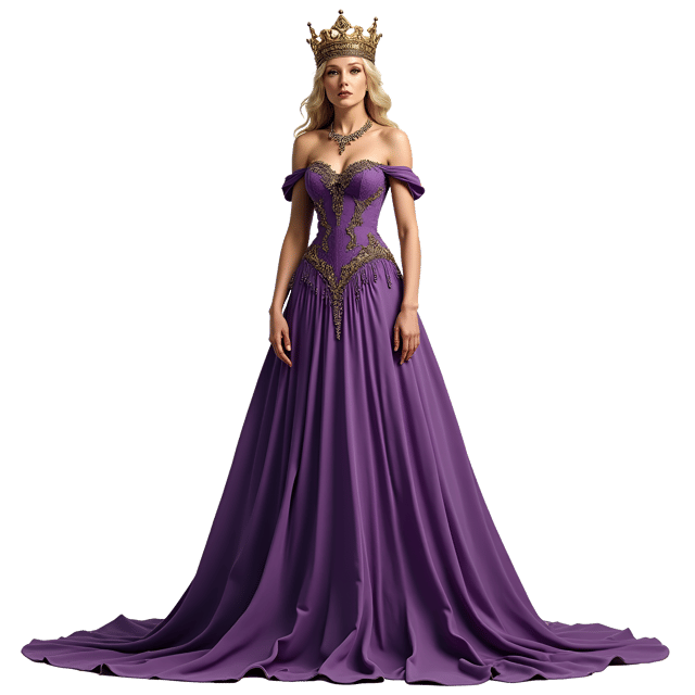 Free transparent PNG: Majestic Queen Humanoid Illustration with Gold Crown and Purple Gown
