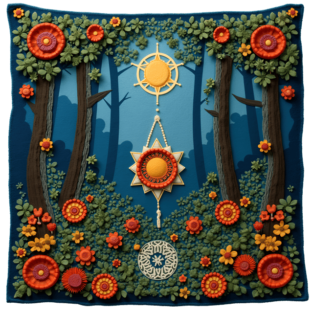 Free transparent PNG: Mystical Forest Felted Tapestry with Sacred Geometry Symbols
