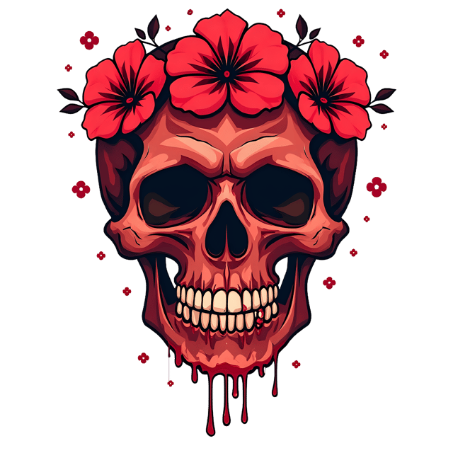 Free transparent PNG: Tragic Red Floral Skull PNG with Dripping Blood Details on Transparent Background
