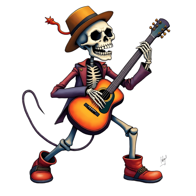 Free transparent PNG: Cheerful Skeleton Guitarist PNG with Transparent Background