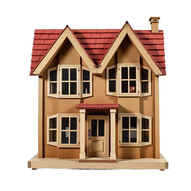 Free transparent PNG: Elegant Wooden Dollhouse with Tiled Roof and Painted Windows PNG