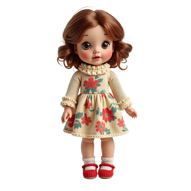 Free transparent PNG: Vintage Knitted Doll with Floral Dress PNG