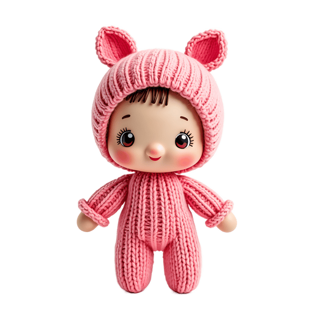 Free transparent PNG: Soft Pink Knitted Doll PNG with Detailed Embroidery for Nursery and Craft Decor