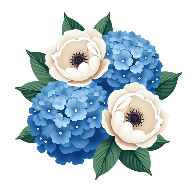 Free transparent PNG: Soothing Blue Hydrangeas and White Peonies PNG Design for Floral Art and Decor