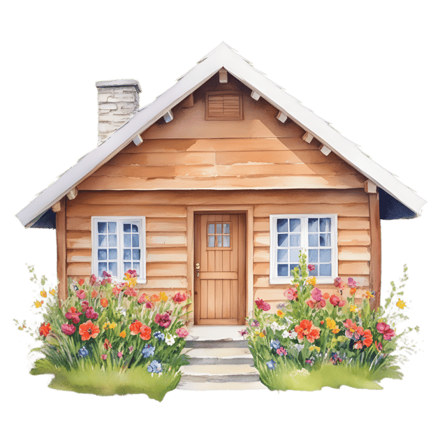 Free transparent PNG: Floral Cabin-Style Cottage PNG Illustration for Nursery and Crafting
