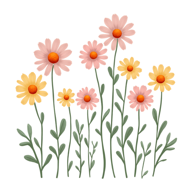 Free transparent PNG: Daisy Blooms with Pastel Hues and Quirky Stem Designs on Transparent Background