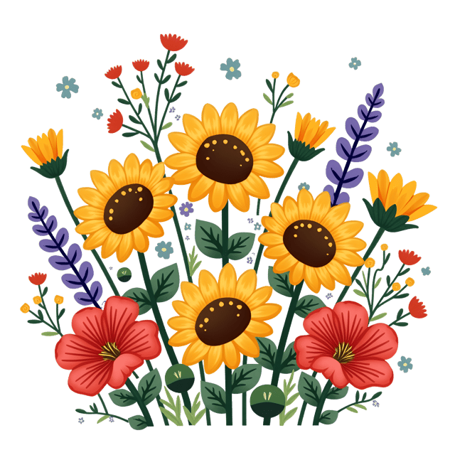 Free transparent PNG: Sunflowers, Lavender, and Red Geraniums - Whimsical Watercolor Illustration