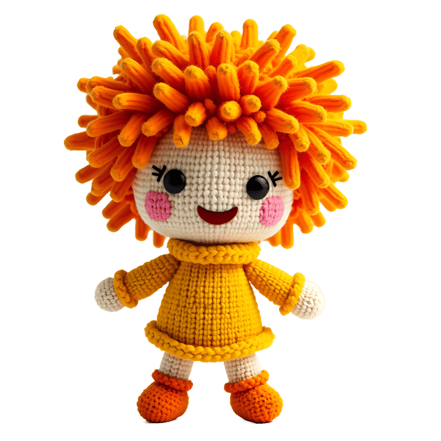 Free transparent PNG: Cheerful Knitted Figure with Bright Yellow Dress and Fluffy Yarn Hair