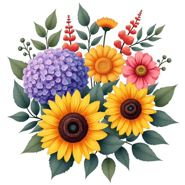 Free transparent PNG: Artistic Display of Hydrangeas, Sunflowers, and Zinnias Clipart on Transparent Background