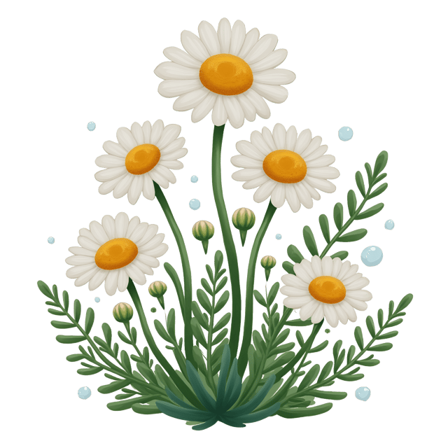Free transparent PNG: White Aster Arrangement with Green Leaves and Morning Dew Drops in Whimsical Cute Cartoon Style