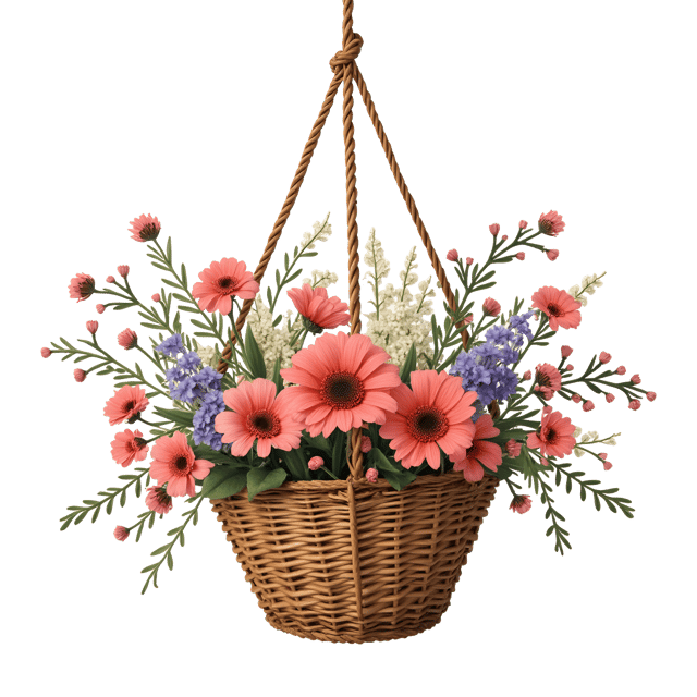 Free transparent PNG: Woven Fiber Hanging Basket with Dried Flowers PNG Clipart