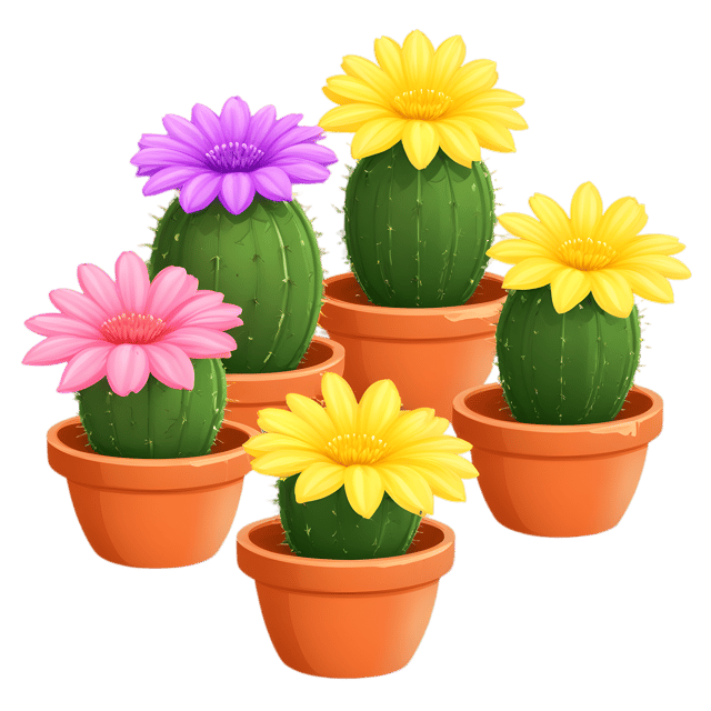 Free transparent PNG: Small Round Cacti Cluster with Flowers PNG Transparent Background