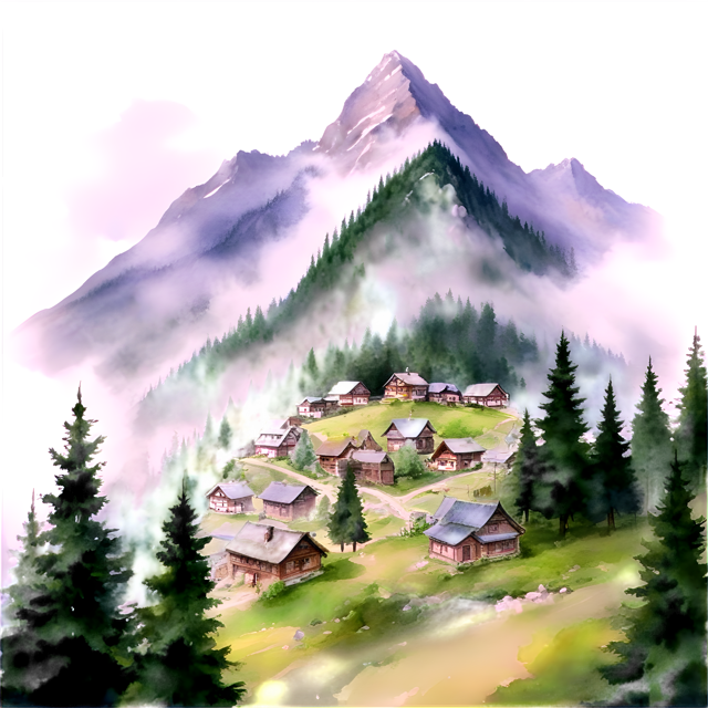 Free transparent PNG: Misty Mountain Village with Evergreen Trees Transparent PNG Background
