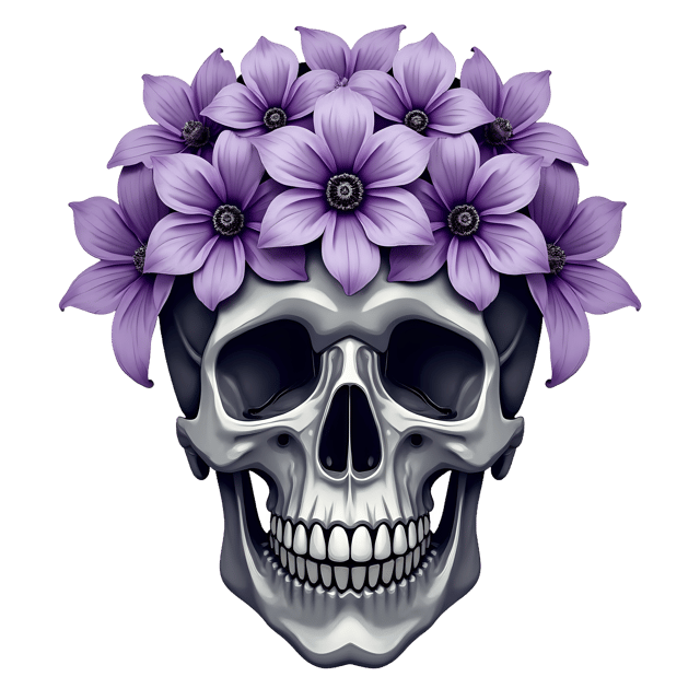 Free transparent PNG: Majestic Silver Floral Skull with Lavender Bouquets PNG Illustration