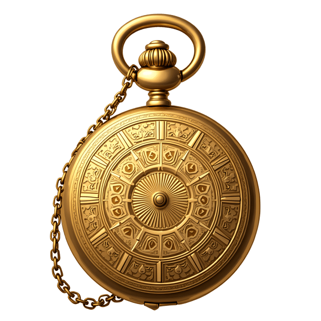 Free transparent PNG: Golden Pocket Watch Engraved with Intricate Patterns and a Dangling Chain