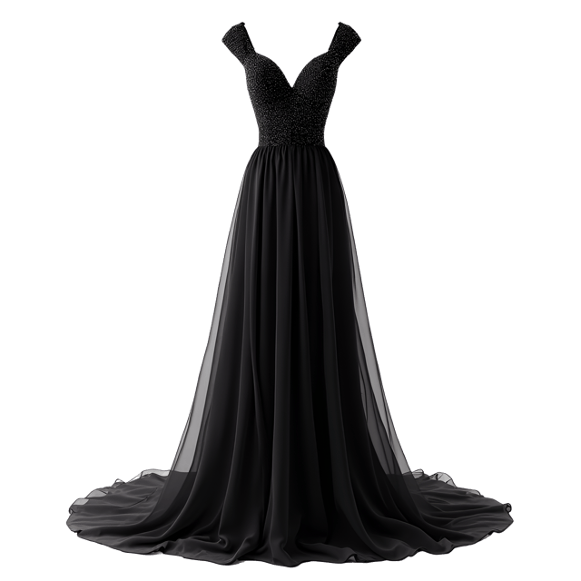 Free transparent PNG: Elegant Black Evening Gown with Intricate Beadwork on White Background