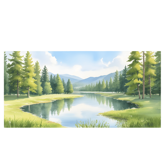 Free transparent PNG: Tranquil Lake with Lush Green Forest Watercolor Illustration
