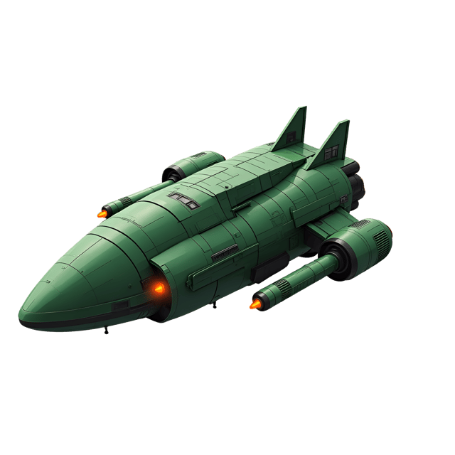 Free transparent PNG: Green Spaceship with Orange Engine Flames and Angular Fins - Realistic Illustration on White Background