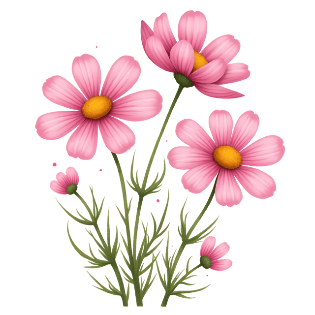 Free transparent PNG: Charming Pink Cosmos Flower Illustration with Delicate Star-Shaped Petals in Whimsical Watercolor Style