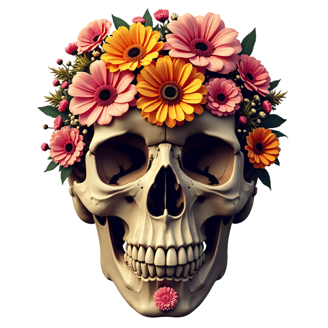 Free transparent PNG: Human Skull Floral Blend PNG with Transparent Background