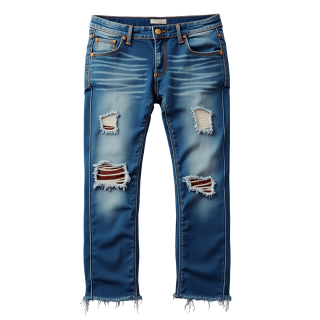 Free transparent PNG: Faded Denim Jeans with Ripped Pockets and Frayed Hem - Distressed Paint Design on Transparent Background