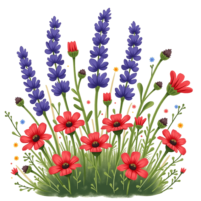 Free transparent PNG: Radiant Lavender, Black-Eyed Susan, and Red Geranium Illustration in Watercolor Cartoon Style