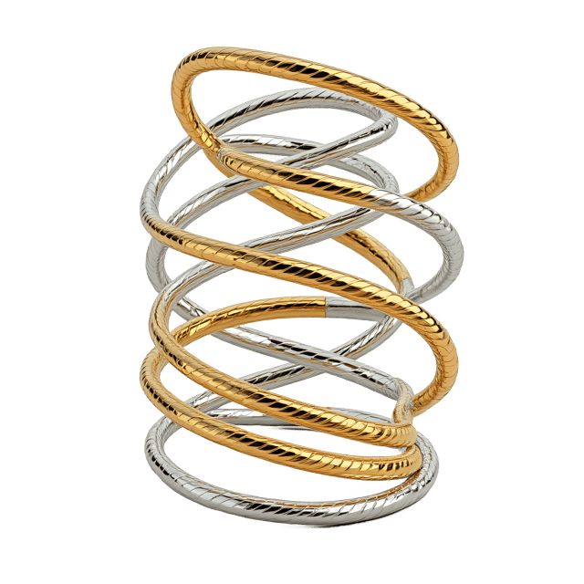 Free transparent PNG: Twisted Wireframe Structure with Gold and Silver Metallic Finish on Transparent Background