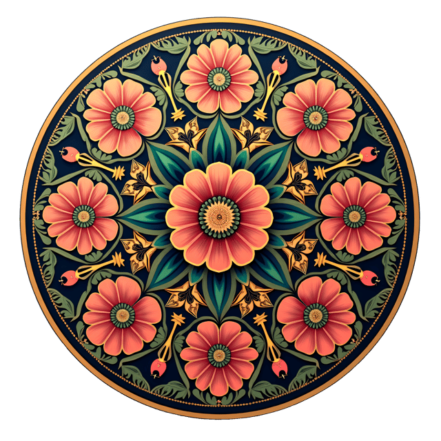 Free transparent PNG: Circular Mandala with Floral Motifs and Golden Accents on White Background