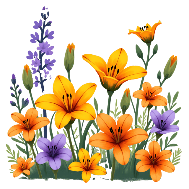 Free transparent PNG: Vibrant Daylilies, Verbena, and Tiger Lilies Watercolor Illustration on Transparent Background