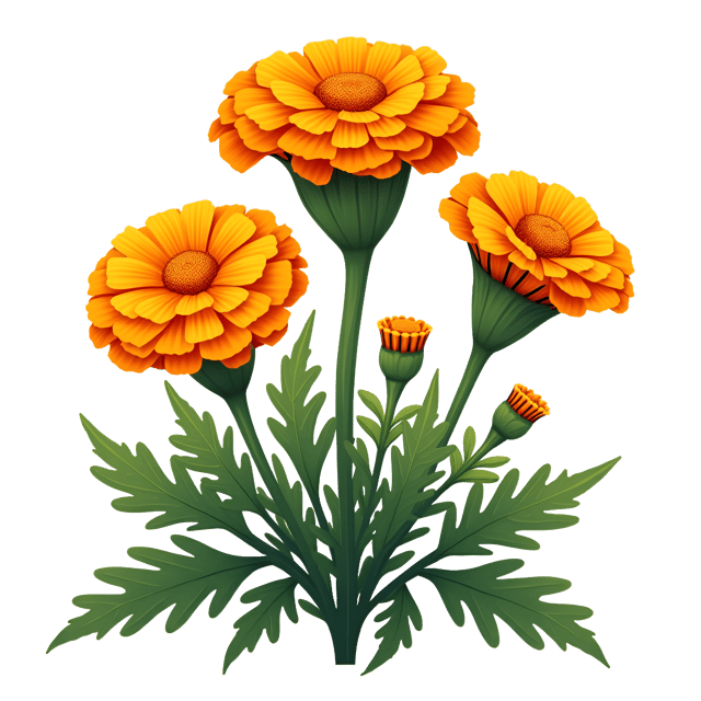 Free transparent PNG: Sweet Marigold Flower Clipart with Bright Orange Blossoms and Green Leaves