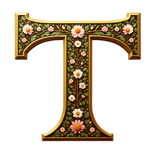 Free transparent PNG: Golden Letter T with Byzantine-Style Mosaics and Ornate Flower Border
