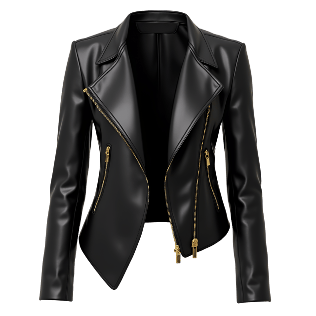 Free transparent PNG: Sleek Black Leather Jacket with Gold Zipper Pulls and Asymmetrical Hemline PNG