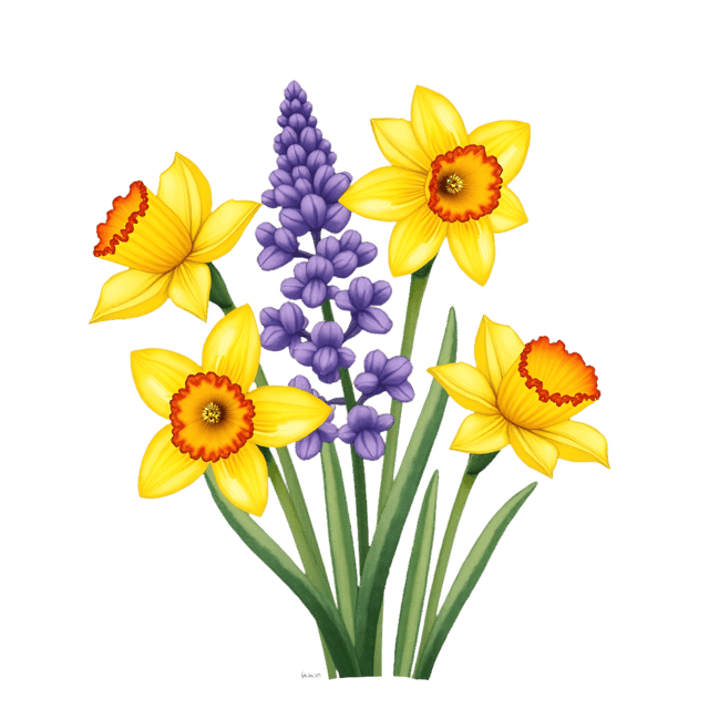 Free transparent PNG: Bright Yellow Daffodils with Soft Purple Hyacinths  Spring Clipart, free downloadable png