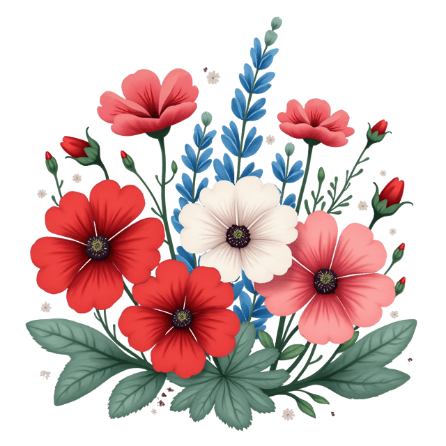 Free transparent PNG: Gorgeous Deep Red Geraniums, White Aster and Soft Blue Lupines Watercolor Illustration