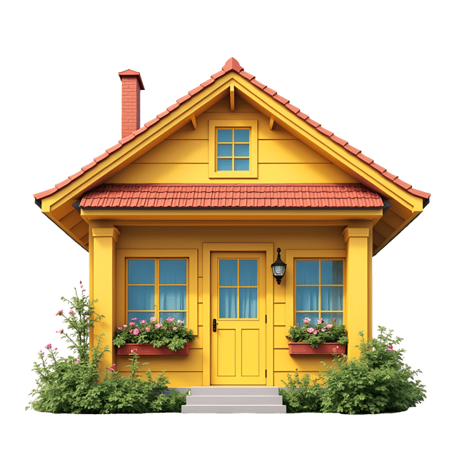 Free transparent PNG: Small Yellow Bungalow with Flower Boxes PNG Illustration for Nursery and Garden Decor