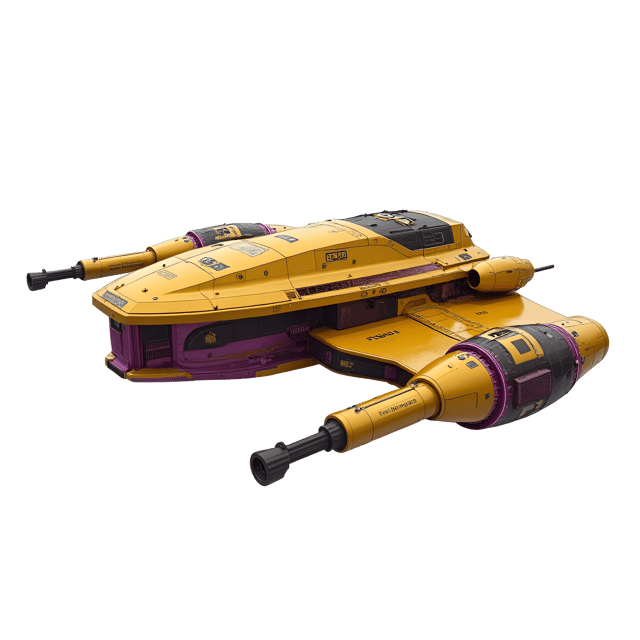 Free transparent PNG: Gold Spaceship with Purple Trim and Extended Wings Isolated on White Background