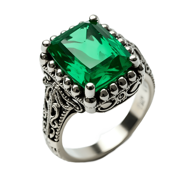 Free transparent PNG: Lustrous Emerald Gemstone in Ornate Silver Ring PNG Design for Jewelry and Art