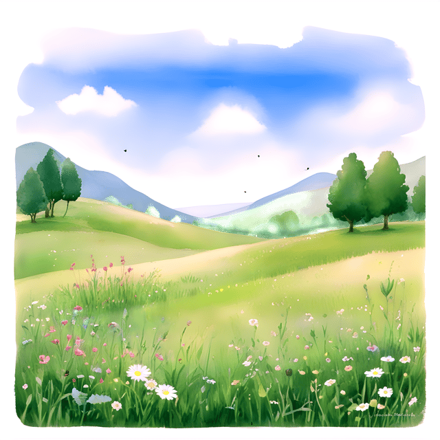 Free transparent PNG: Whimsical Watercolor Meadow Scene with Soft Sky