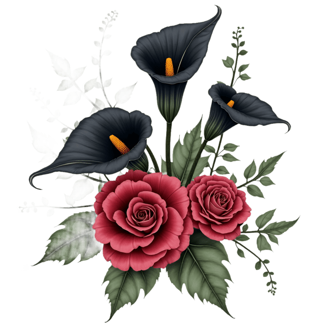 Free transparent PNG: Victorian Gothic Floral Design  Elegant Black Calla Lilies and Crimson Roses PNG, free download for creative projects
