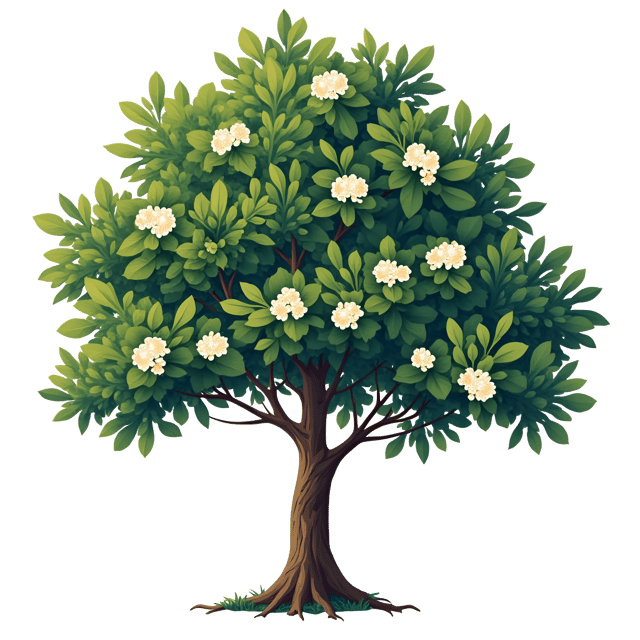 Free transparent PNG: Sturdy Locust Tree Illustration with Dark Green Leaves and Flower Clusters